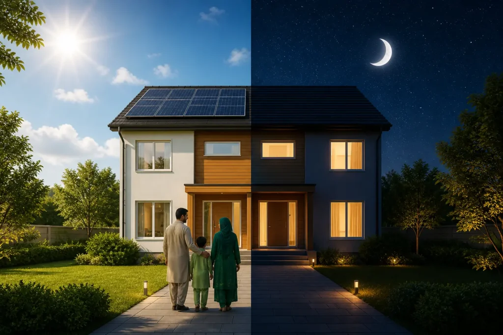 Modern house with solar panels showing a split day and night view, representing reliable energy by Al Karam Solar.